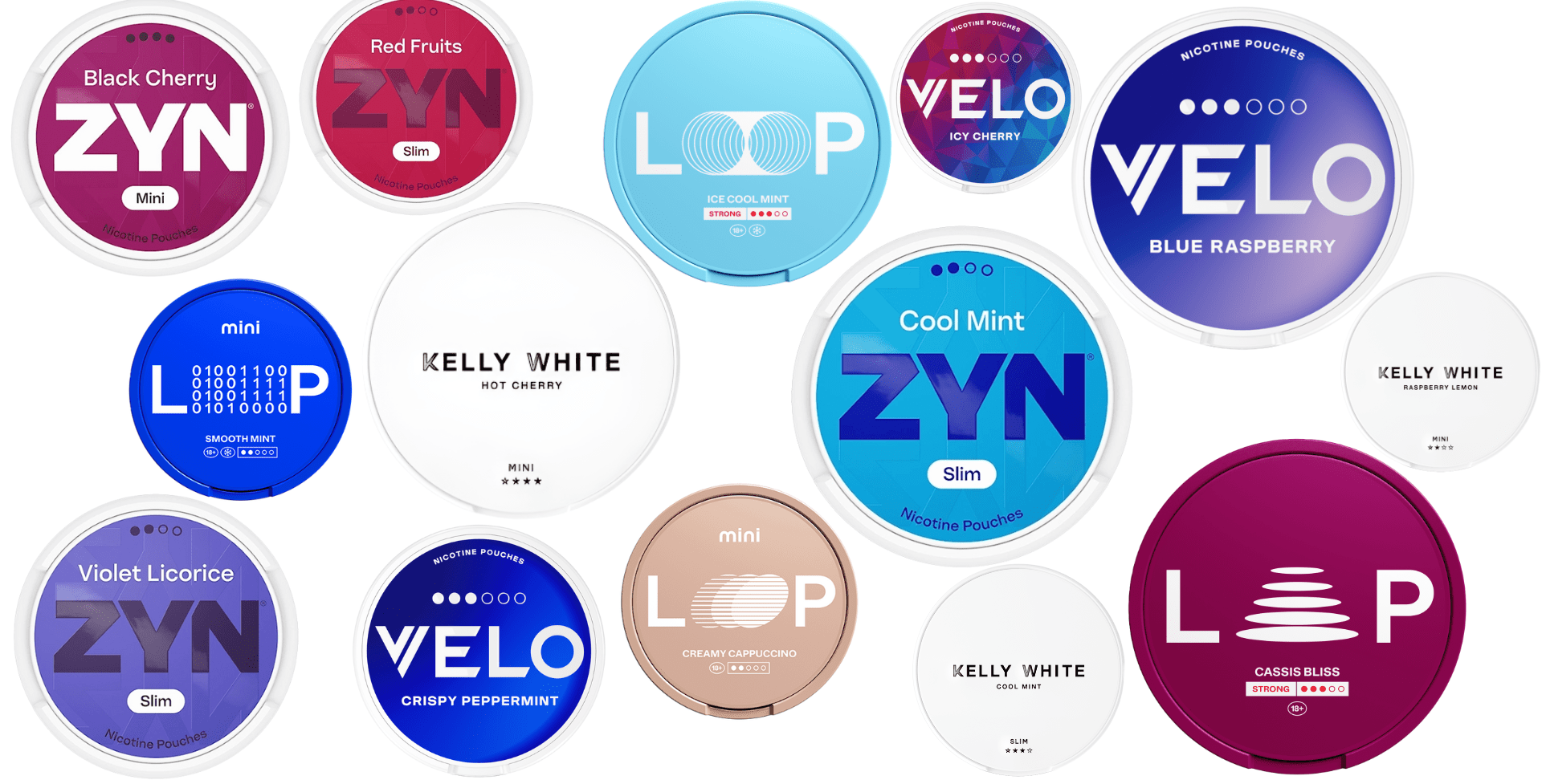 Collection of ZYN, Loop, and Velo product containers on a white background